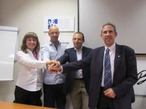 María Cruz Isabel, vicepresidenta de La Litera, Ernesto Cáncer, vicepresidente de Barbastro, Enrique Español, presidente de Monzón y Salvador Cored, de CEPYME Huesca. José Luis Pano.