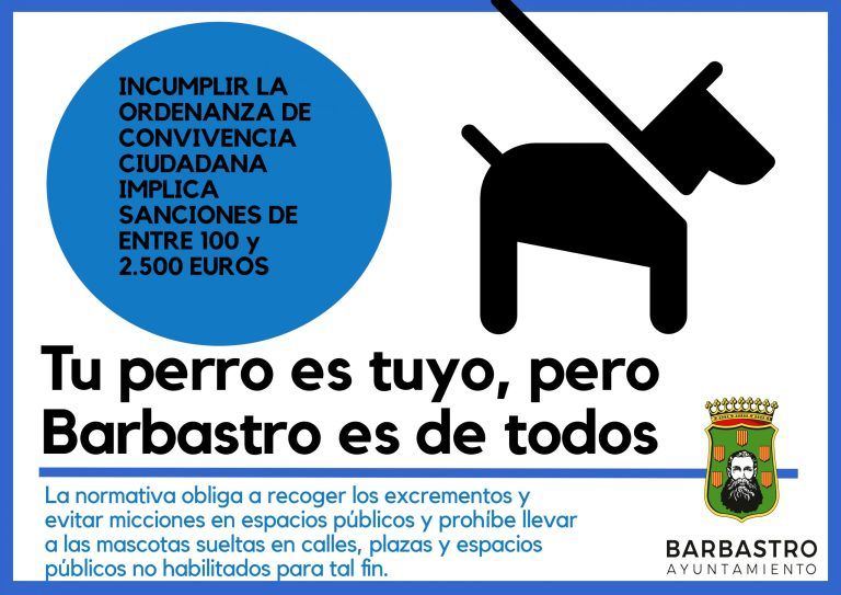 Barbastro multará con entre 100 y 2.500 euros a quien no recoja los excrementos de sus mascotas, las permita miccionar en fachadas y mobiliario urbano o las lleve sueltas