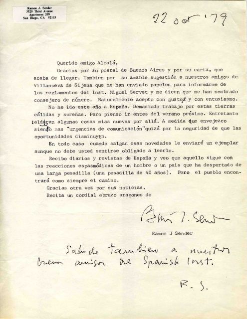El profesor Ángel Alcalá Galve dona al IEA ocho cartas de Ramón J. Sender