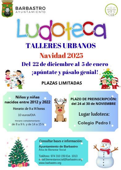 Abierto el plazo de inscripción para la edición 2025/26 de la Ludoteca Talleres Urbanos de Navidad ludoteca Barbastro