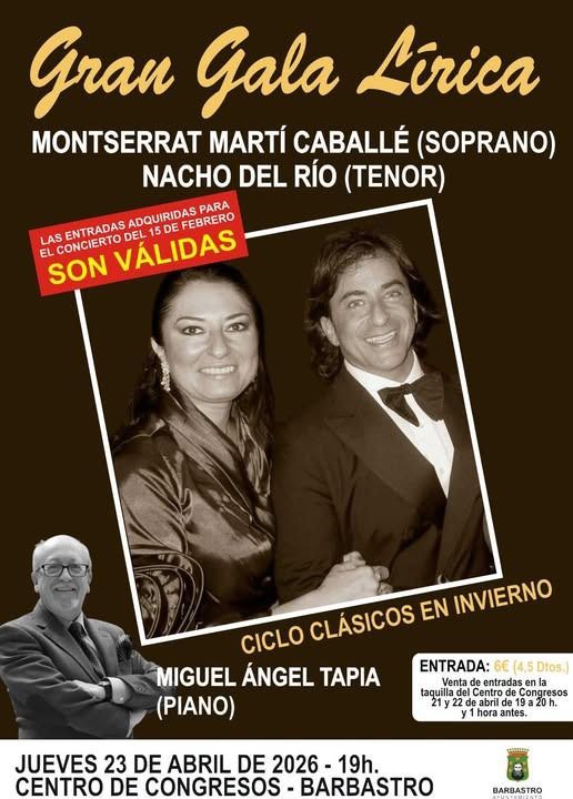 Montserrat Martí Caballé y Nacho del Río actuarán el 23 de abril en Barbastro