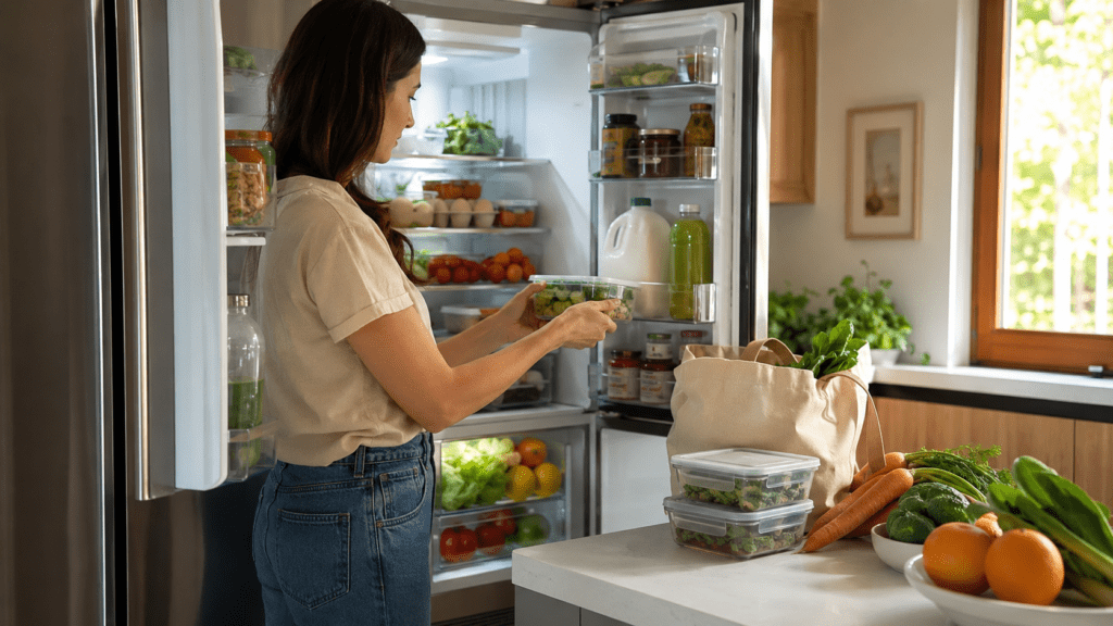 Persona colocando verduras y bebidas en una refrigeradora eficiente