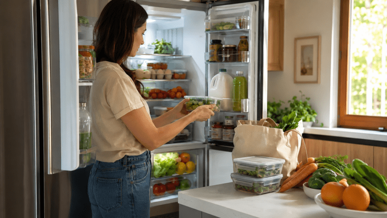 Persona colocando verduras y bebidas en una refrigeradora eficiente