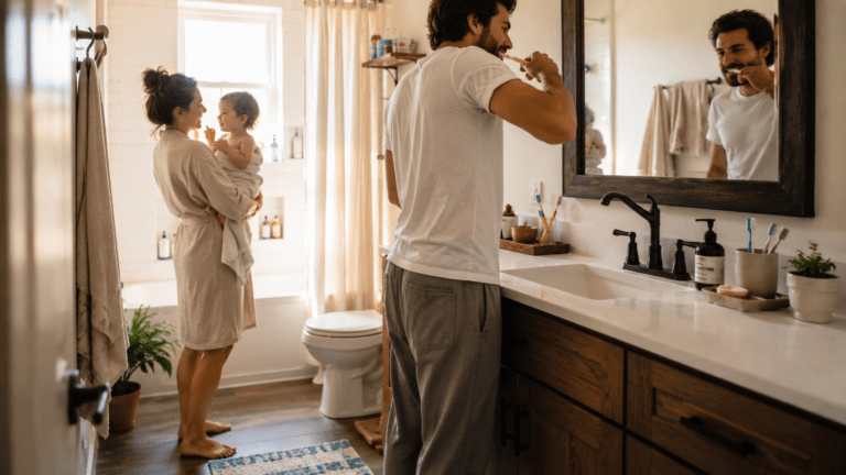 Ideas para tener un baño funcional y fácil de limpiar Familia realizando su rutina de la mañana en un baño real con lavatorio, espejo, toallas, cepillos de dientes y luz natural