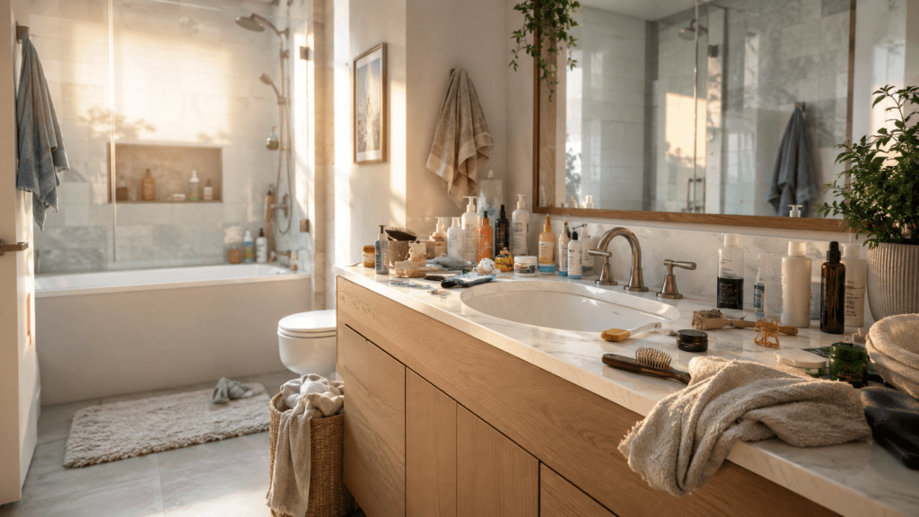 Lavatorio de un baño moderno con toallas, cremas, peines, jabón, shampoo y otros productos de uso diario sobre la encimera