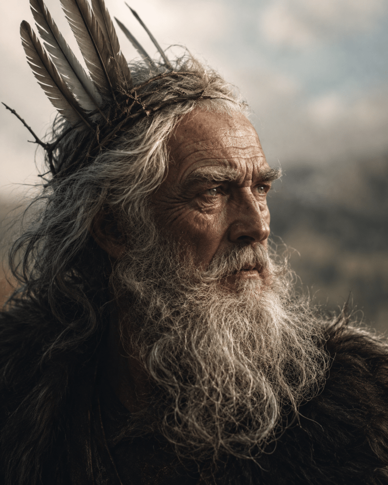 saturno el guardián de el paso del tiempo. Anciano de mirada serena y profunda, con larga barba blanca, manto de pieles y corona de plumas, contemplando el horizonte como símbolo del paso del tiempo, la experiencia y la sabiduría adquirida tras una larga vida.