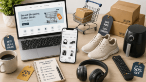 Portátil y móvil con tienda online en Cyber Wow  rodeados de productos, cajas y etiquetas de descuento en una escena de compras digitales.