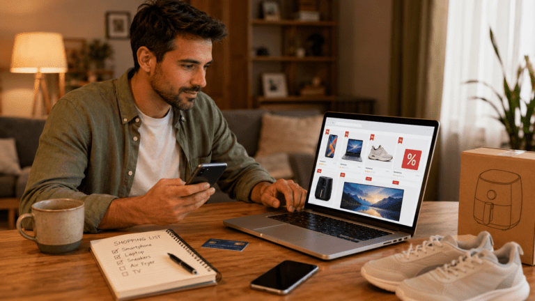 Hombre comprando online en Cyber Wow desde casa con portátil, móvil y lista de compras, rodeado de productos en oferta.
