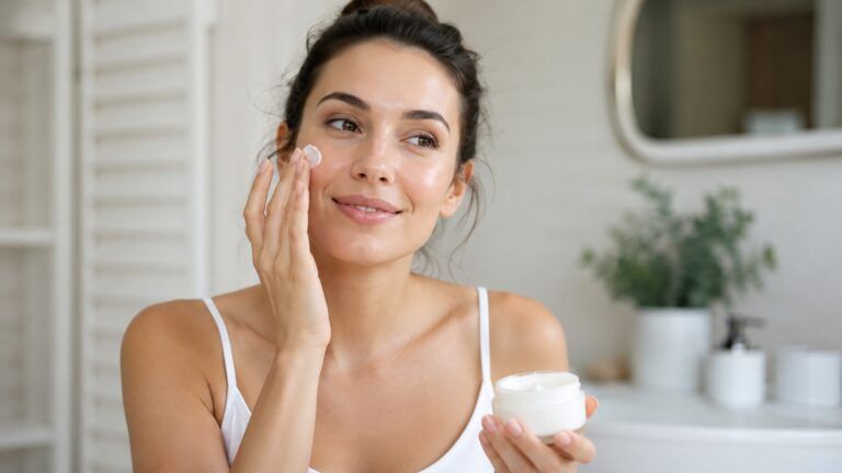 Mujer aplicándose crema facial en la mejilla en un baño luminoso, mientras sostiene el tarro del producto en la mano.