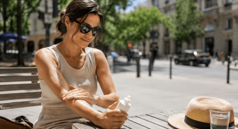 Bloqueador solar y memoria de la piel, las horas de sol que nunca contamos Mujer aplicándose bloqueador solar en el brazo durante un día soleado en la ciudad