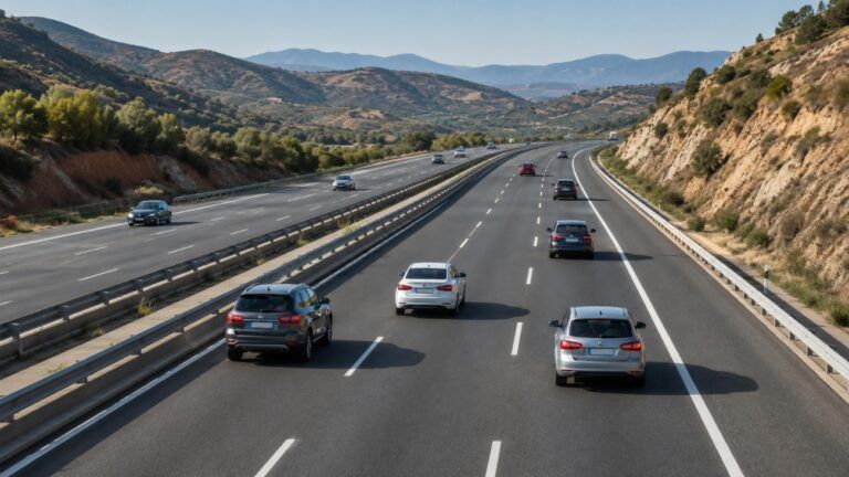 Autopista de varios carriles con vehículos en circulación, ilustración del uso correcto del carril derecho y del carril izquierdo.