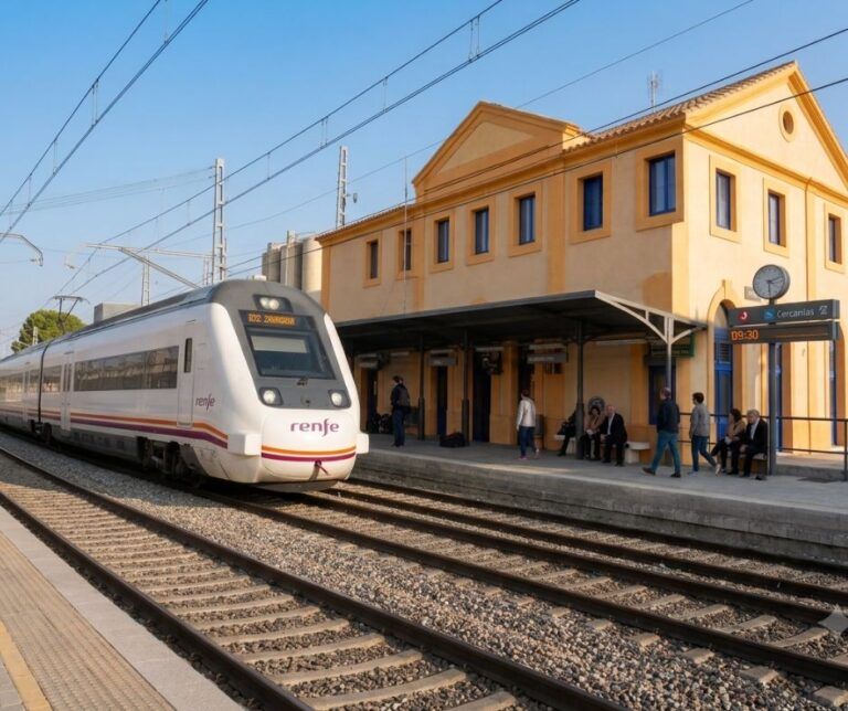 Los municipios entre Monzón y Lleida impulsan un tren de Cercanías con 12 servicios diarios Un tren regional de Renfe en la estación de Monzón-Río Cinca, cubriendo la línea hacia Lleida.