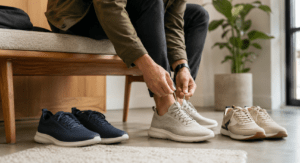 Persona probándose unas zapatillas cómodas junto a varios modelos de calzado.
