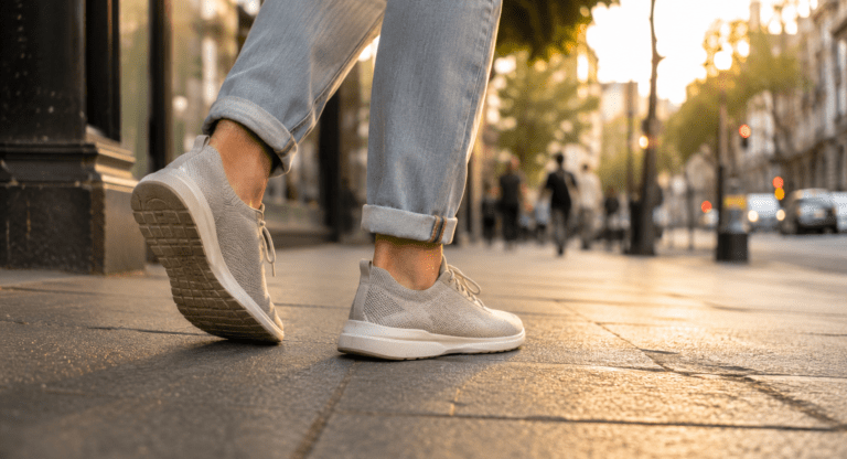 Persona caminando con zapatillas claras por una acera urbana al atardecer.