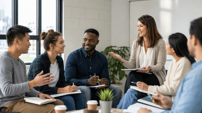Cómo hablar inglés con fluidez cuando las palabras no aparecen Alumnos adultos practicando conversación en inglés en una clase presencial