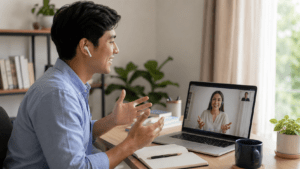 Alumno practicando inglés por videollamada desde casa