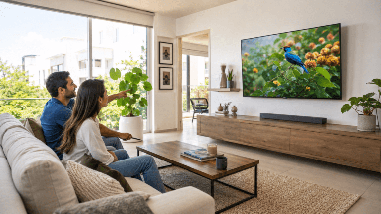 : Pareja viendo un televisor en una sala luminosa con grandes ventanas
