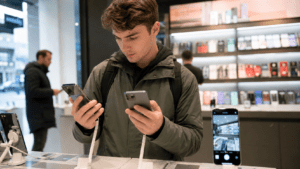 Persona comparando celulares en una tienda antes de elegir un nuevo modelo