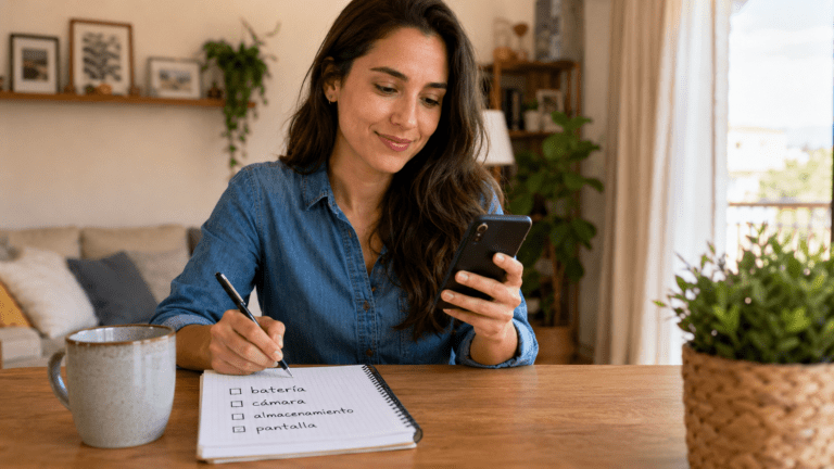 Antes de cambiar de celular, haz este semáforo de tres minutos Mujer revisando su celular mientras anota qué quiere mejorar en el próximo