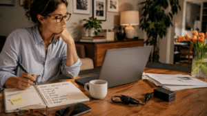 Mujer anotando las características que necesita en su próxima laptop