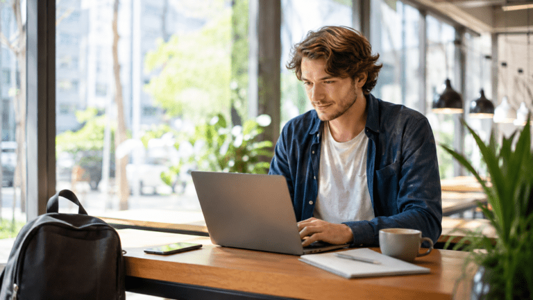 Cinco molestias que te ayudan a elegir mejor tu próxima laptop Persona trabajando con una laptop en un café con mochila y cuaderno