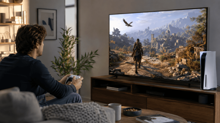 Jugador disfrutando de una partida con PlayStation 5 en un salón