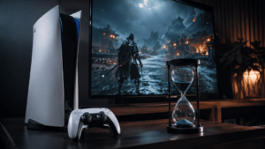 PlayStation 5 junto a un mando y un reloj de arena frente a un videojuego