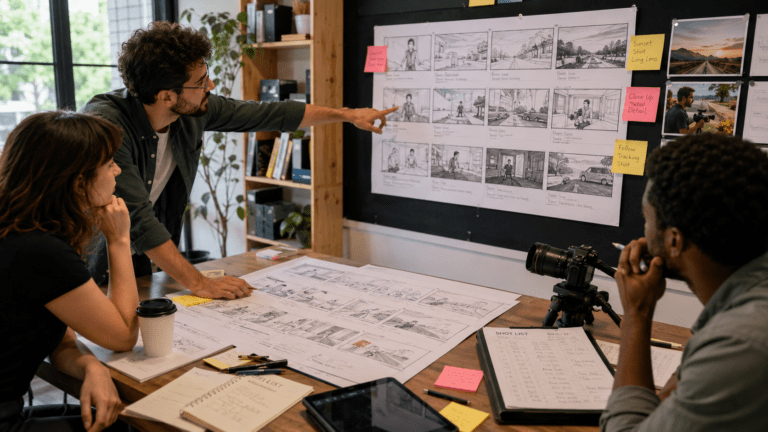 Por qué el storyboard es clave antes de producir un vídeo Equipo audiovisual revisando un storyboard antes de producir un vídeo