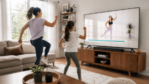Madre e hija haciendo ejercicio en casa siguiendo una clase en el televisor