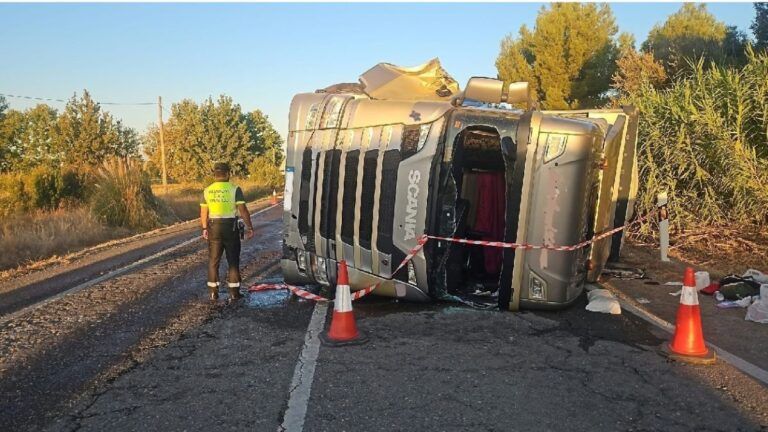 Investigado un camionero tras volcar en la N-330 en Almudévar con 0,83 mg/l de alcohol Camión volcado en la N-330 en Almudévar tras el siniestro investigado por alcoholemia