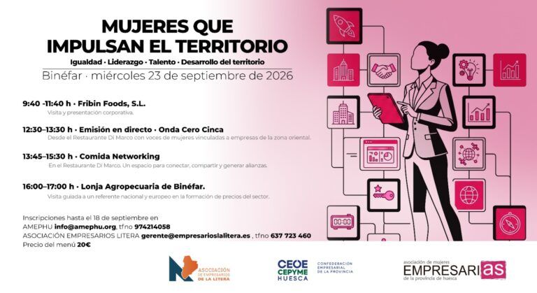 AMEPHU y Empresarios de La Litera llevan a Binéfar “Mujeres que impulsan el territorio” Cartel de la jornada Mujeres que impulsan el territorio en Binéfar, centrada en liderazgo femenino, talento e igualdad