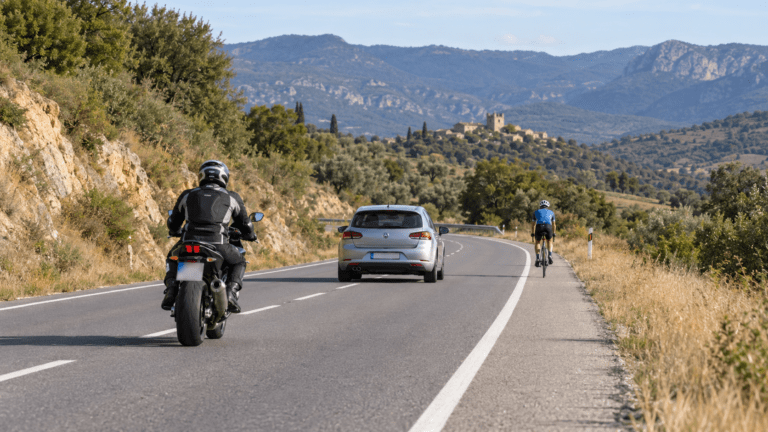 Un coche, un motorista y un ciclista circulan por una carretera rural.