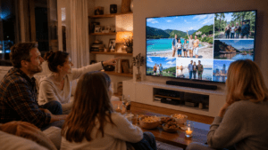 Grupo de amigos viendo fotografías de viajes en la TV