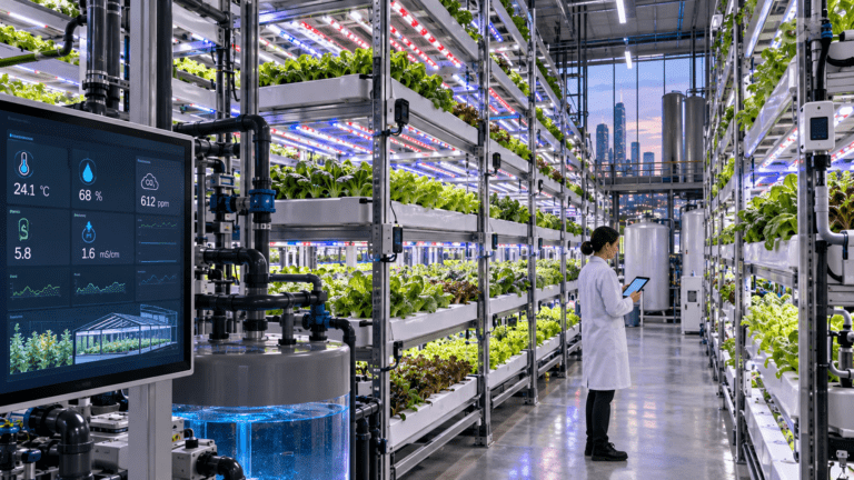 Granja vertical automatizada con cultivos hidropónicos, iluminación LED y sensores de control ambiental
