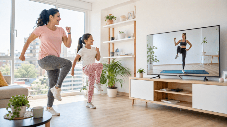 Creíamos que el celular acabaría con la TV, pero ocurrió algo distinto Madre e hija haciendo ejercicio en casa frente a la TV