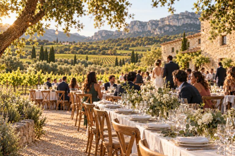 banquete de boda al aire libre entre viñedos, inspirado en el Somontano.