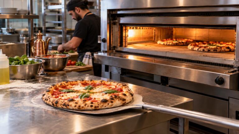 Cómo elegir un horno de pizza para tu negocio Horno de pizza profesional en una cocina de hostelería