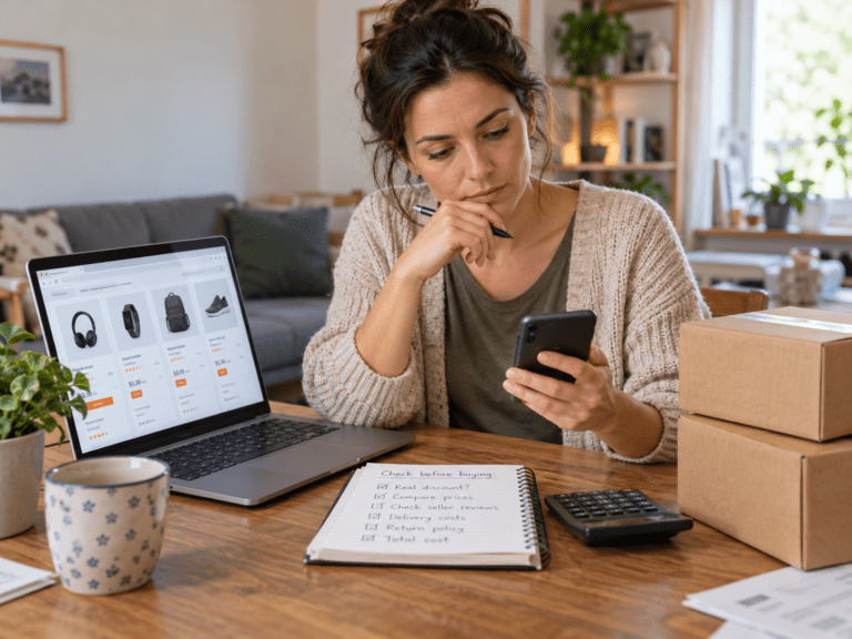 Mujer comparando precios antes de comprar en ofertas Cyber